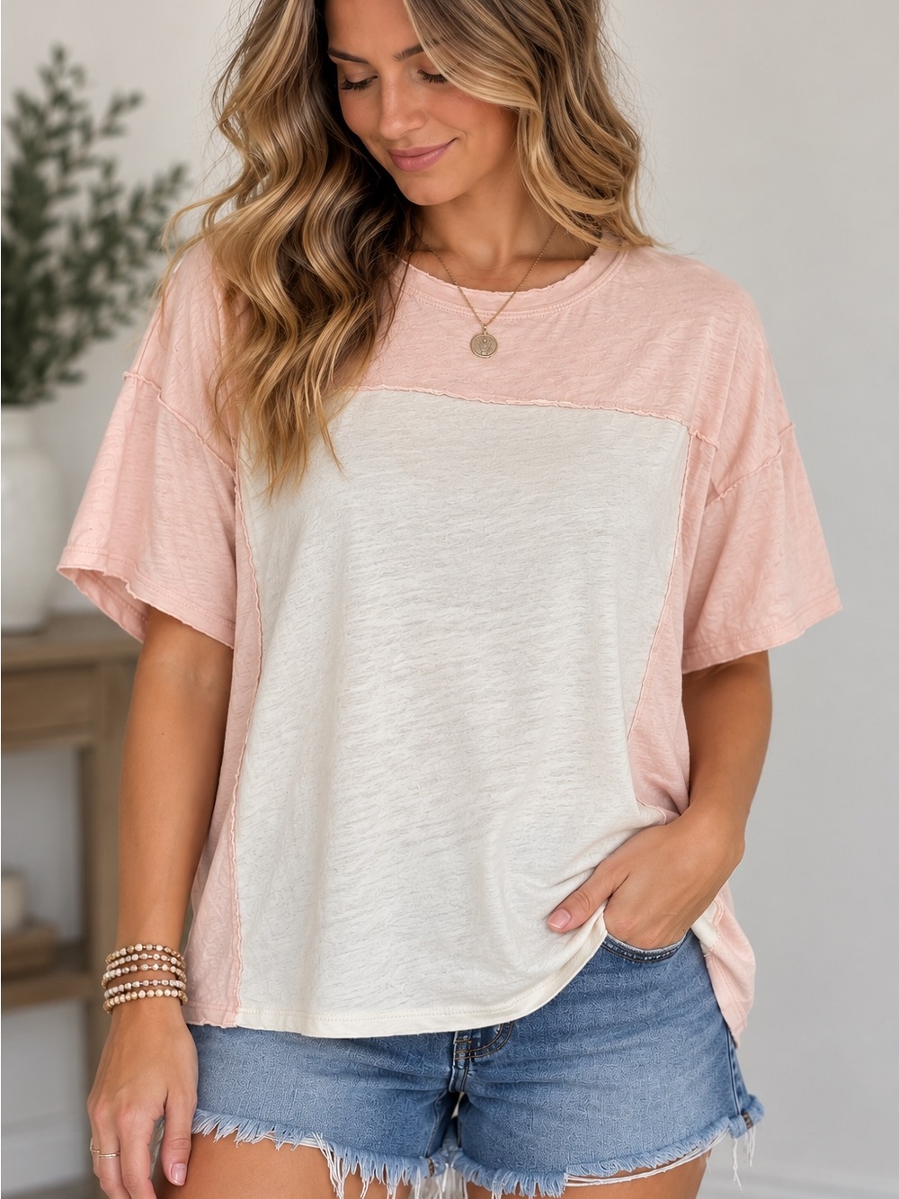 Free People Pink Cream Colorblock Oversized Tee Raw Seam Size M